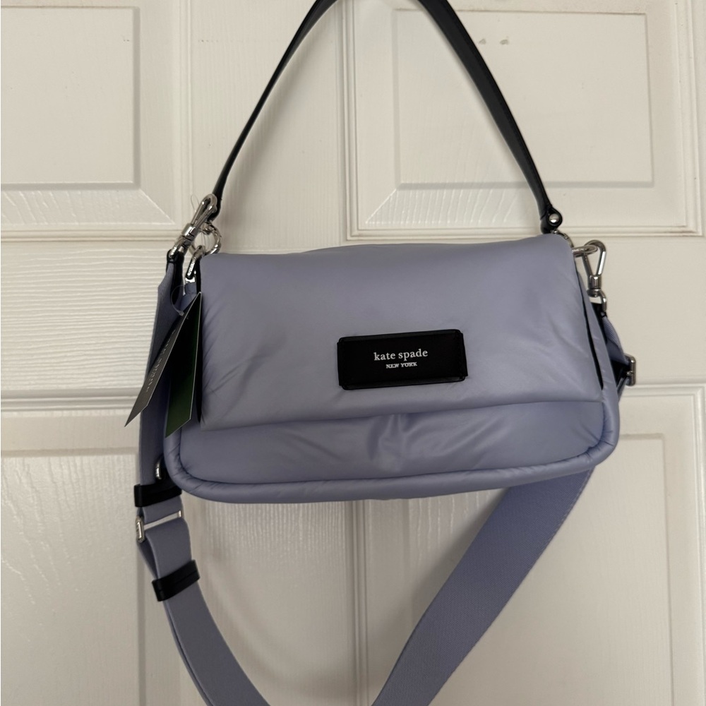 kate spade Lavender Puffer Crossbody Bag with Black Strap